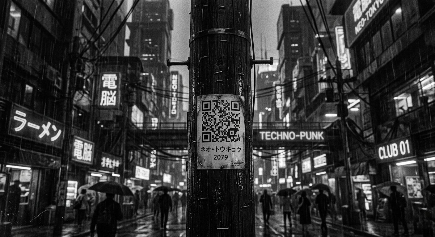 A QR code stapled to a utility pole on a rain-soaked neon street