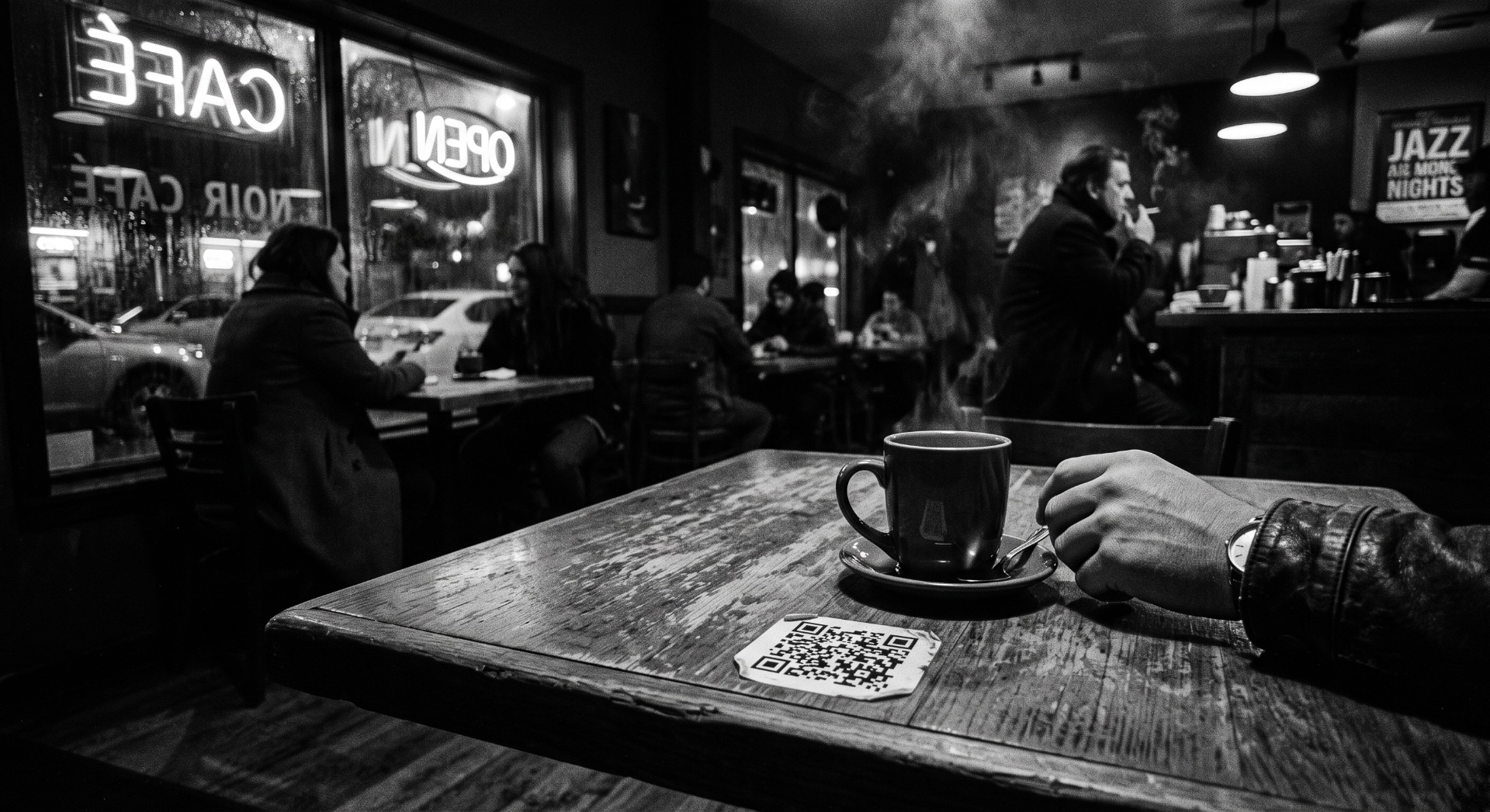 A QR code resting beside an espresso cup in a dim noir café